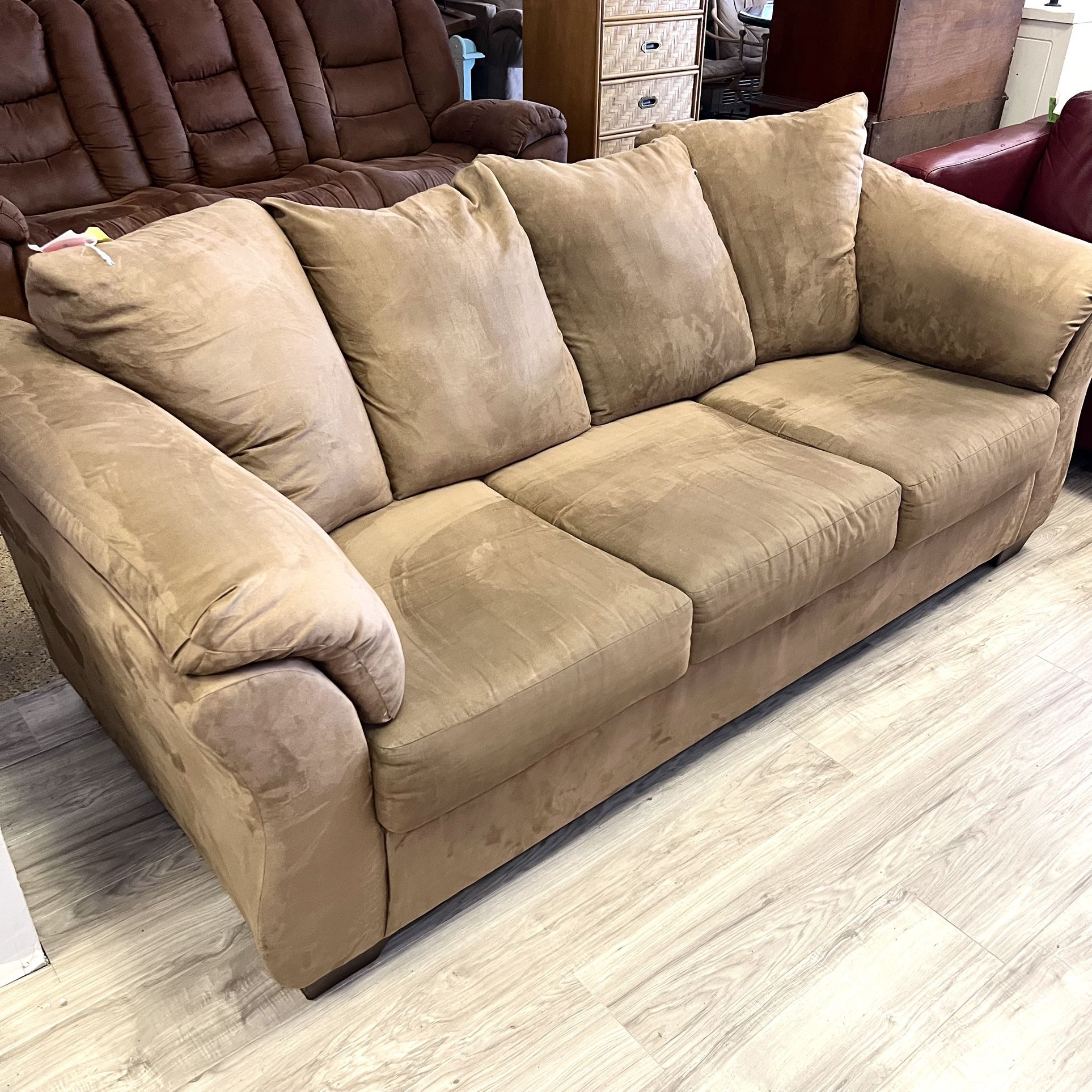 Tan Suede Couch 3-Seater Plush Cushions