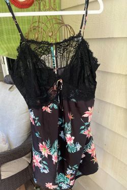 INC Black Floral Lace Trim Satin Feel Chemise Nightgown XXL