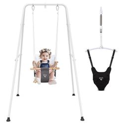 2 in 1 Baby Jumper with Toddler Swing, Baby Jumpers and Bouncers,Indoor Outdoor Toddler Swing Set, Cotton, White