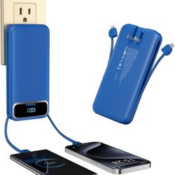 Portable-Charger Power-Bank with Built-in Cables & AC Wall Plug - 12000mAh PD 20W Fast Charging for iPhone,Samsung,Android, USB-C,Rechargeable Externa