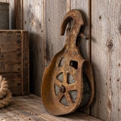 Vintage Cast Iron Wood Pulley Block 10.5" Hook Farm Barn Industrial Decor
