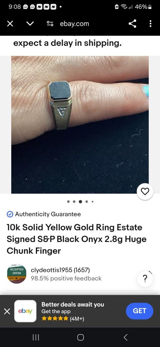 10k Solid Yellow Gold Ring Onyx 2.8g
