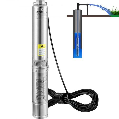 VEVOR Deep Well Submersible Pump, 1HP 230V/60Hz, 37gpm Flow 207ft Head, with 33ft Electric Cord, 4" Stainless Steel Water Pump for Industrial, Irrigat