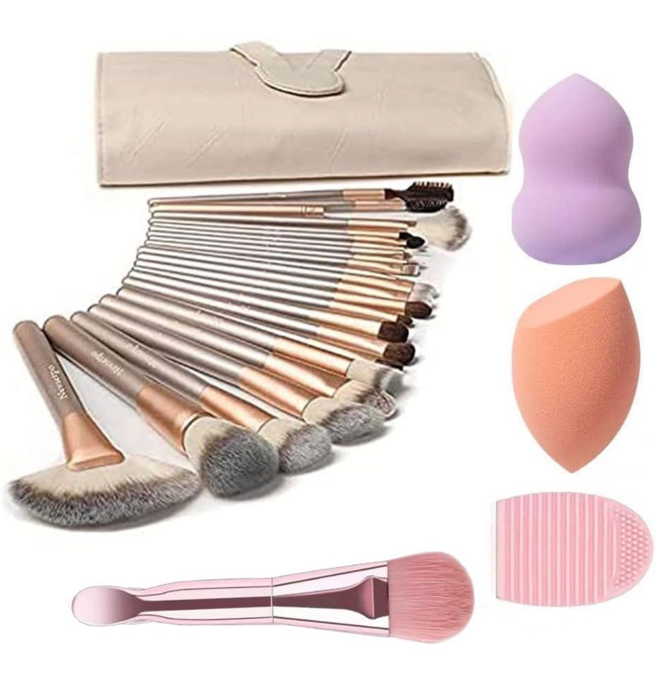 New: 24 Pcs Full Face Makeup Set with Beauty Blenders, brush cleaner, fold-up carrying case