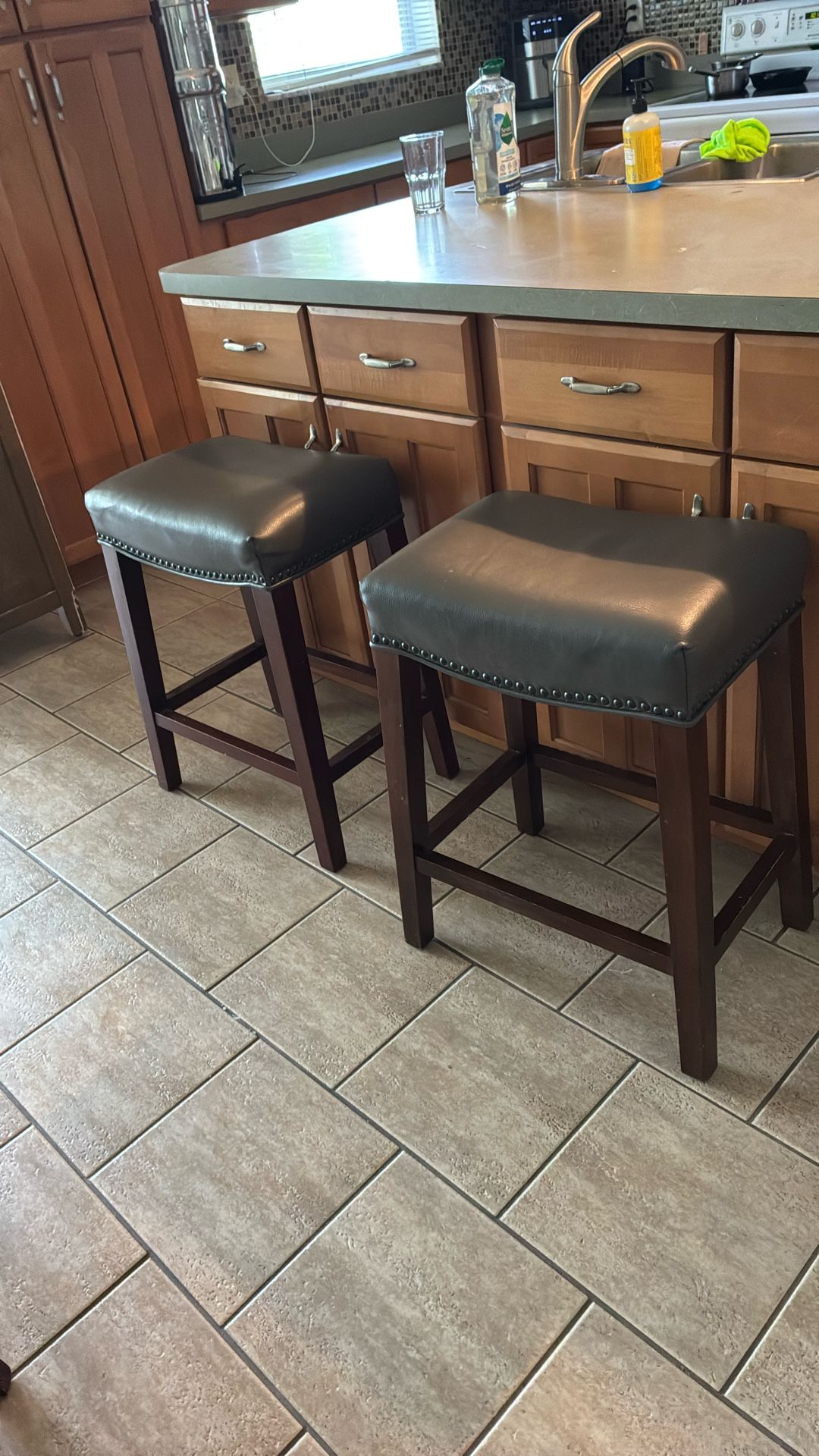 Must Go Moving Sale !Olive Green Cherry Wood Legs Contemporary Leather Bar Stools