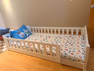 White Wood Toddler Bed with Rails
