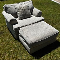 Textured Gray Fabric Oversized Armchair with Matching Ottoman Set