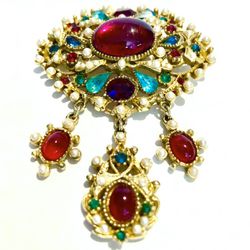 RARE!  CAPRI Signed TURK’s TURBAN Jewels of India Glass Cabochons Crystals Pearls Brooch
