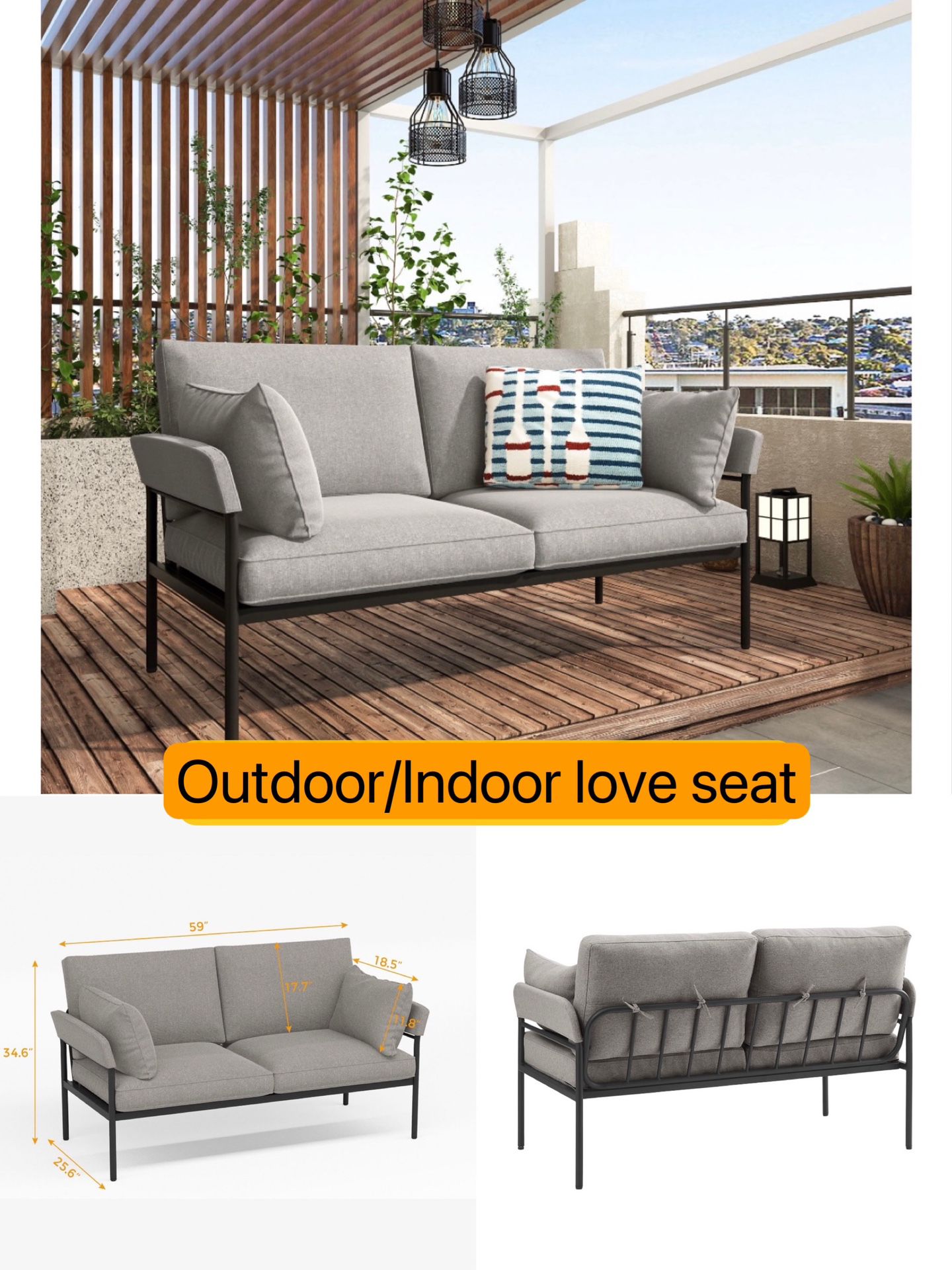 Outdoor/Indoor Love Seat Metal Frame Sofa With 2 Cushions 