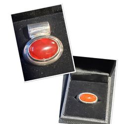 VINTAGE  STERLING SILVER OVAL CABOCHON RED ORANGE Agate RING SIZE 8 & PENDANT