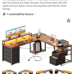 66" L Shaped Computer Desk, 113“ Reversible Home Office Desk with File Cabinet & 4 Fabric Drawers, Two Person Desk with LED Lights & Power Outlet, Cor