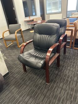 Pair of Black Leather Office Guest Chair with Wood Frame