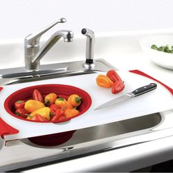 Dexas Over the Sink Poly Cutting Board with Collapsible Colander Strainer (11.5” x 20")