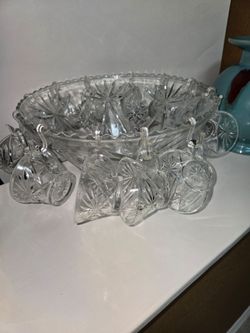 Vintage Cut Glass Punch Bowl Set w/ 16 Matching Cups – 17 Glass Pieces