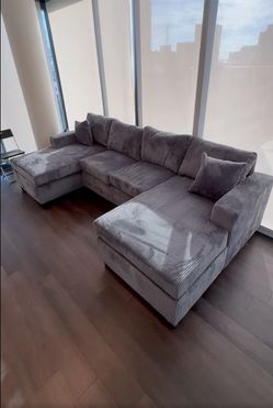 😍 Brand New Grey Corduroy U-Shaped Sectional Sofa | Double Chaise | Oversized Modern Couch | Matching Pillows • PAY AFTER DELIVERY 🚚