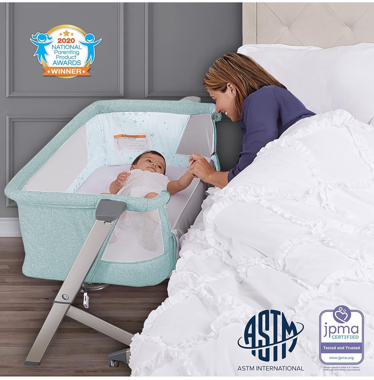 Skylar Bassinet and Bedside Sleeper in Mint Lightweight and Portable Baby Bassinet Five Position Adjustable Height Easy to Fold and Carry Travel Ba