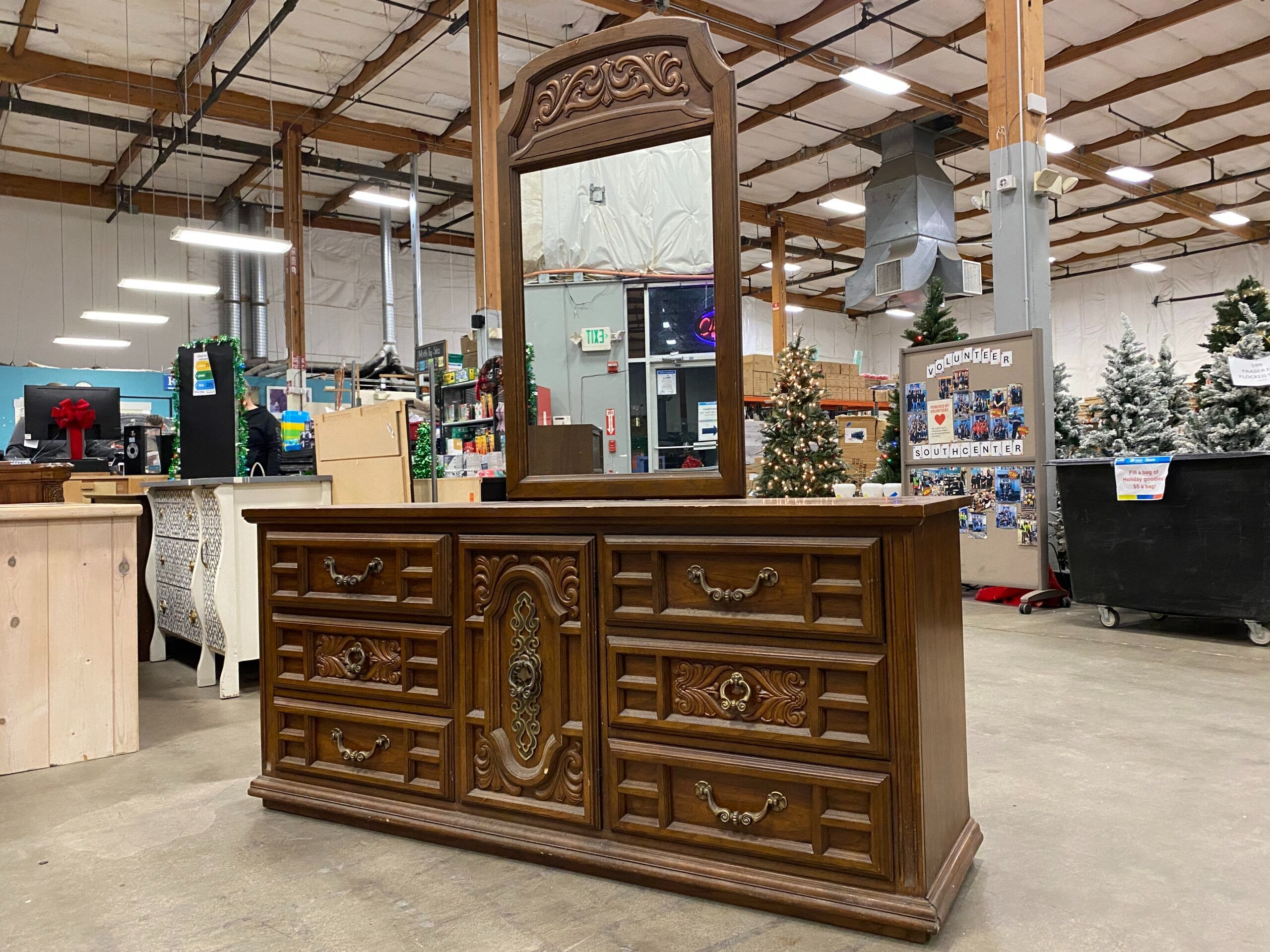 DIXIE Triple Dresser with Mirror and Ornate Carved Drawer Fronts