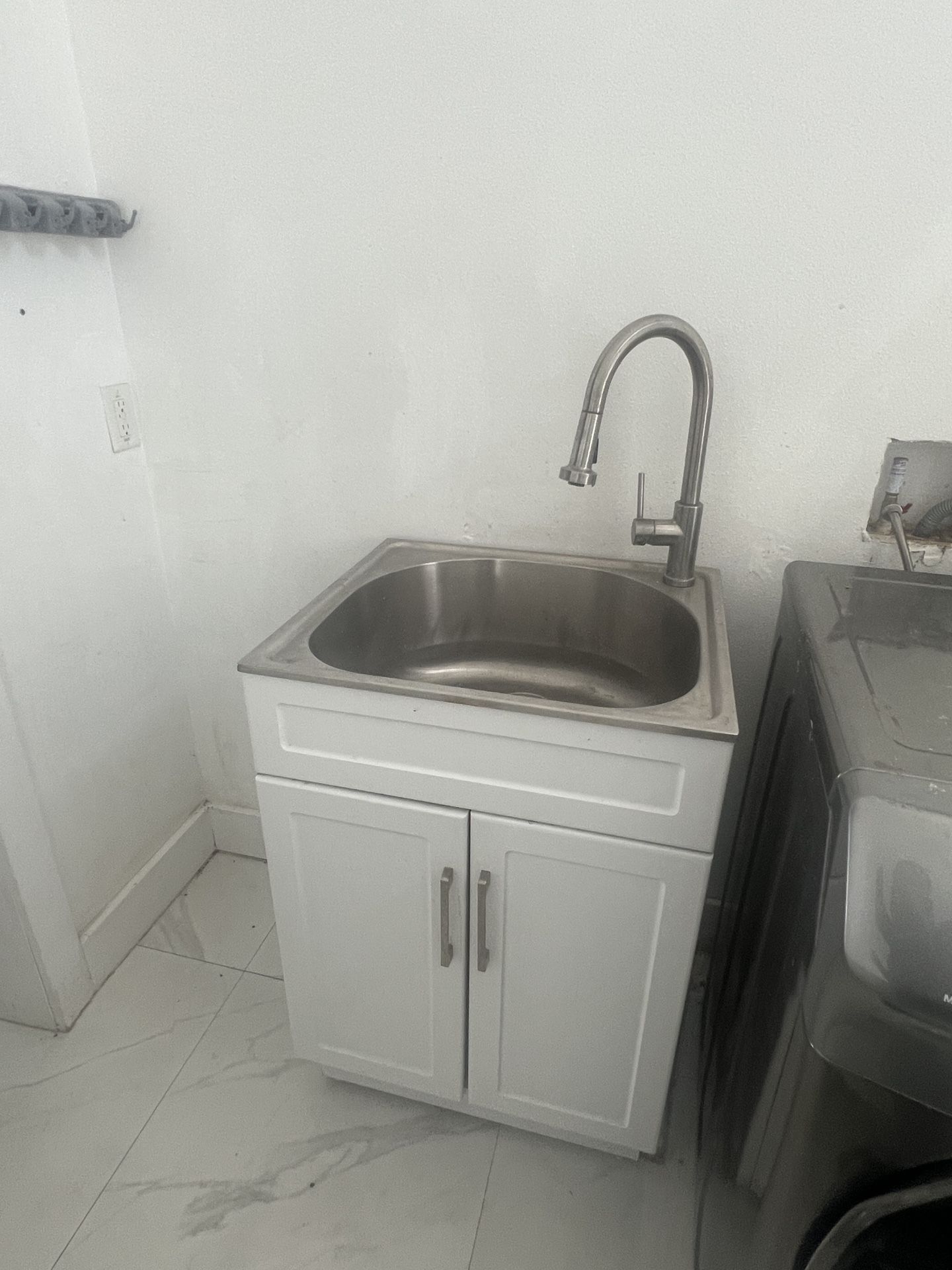 Stainless Steel Laundry/Utility Sink with Faucet and Cabinet in White