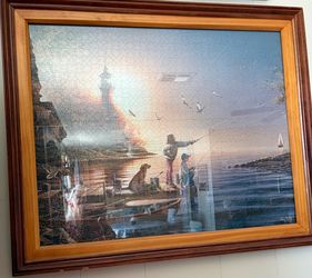 Framed Completed Jigsaw Puzzle Lighthouse Scene