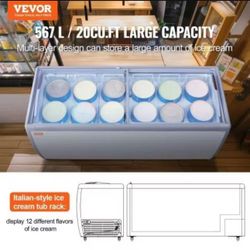 VEVOR Commercial Ice Cream Display Case, 20 Cu.ft Chest Freezer, Mobile Glass Top Deep Freezer, Restaurant Gelato Dipping Cabinet with 12 Large Tubs,