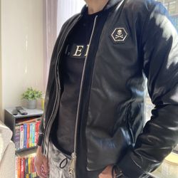 Designer PP Leather Jacket Rhinestone Skull