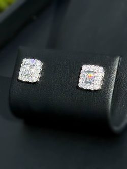 14K White Gold 1.5CTW Natural Diamond Studs Princess & Round Cut Square Shape Earrings