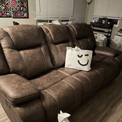 Living Spaces Brown Polyester 84" Microfiber Manual Reclining Sofa | Fabric