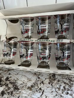 Like new Vintage MCM Currier & Ives by Libbey Glass Company Flat Tumblers, 10 oz, Set of 7 Colonial Times Print, Red Rim, Blown Glass,