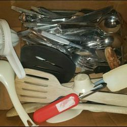 Box Of Silverware and Kitchen Utensils