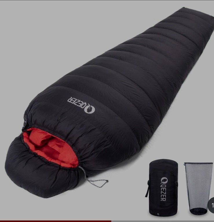 QEZER Cold Weather Sleeping Bag For Adults 650 FP Down Sleeping Bag For Backpacking Sleeping Bag With Compression Sack