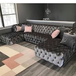 Neva Gray Velvet Double Chaise Sectional, Seccional, Couch// Delivery Available 