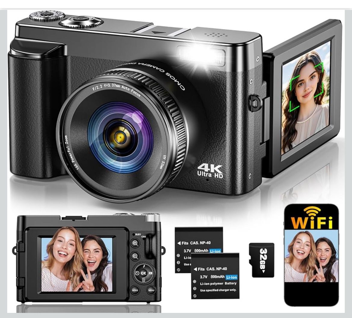 4K Digital Camera for Photography Autofocus, Upgraded 64MP WiFi Vlogging Camera for YouTube with 3" 180° Flip Screen, 16X Zoom, Compact Travel Cameras