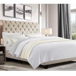 32” Roll Head QUEEN Bed Frame, Fabric Upholstered Chesterfield-Style ,Beige B-24