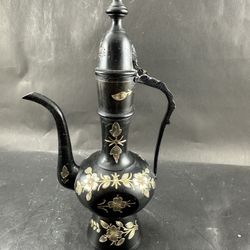 Vintage and Collectible Black Gold Brass Hand Etched Floral Indian Teapot 