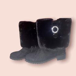 Midnight Velvet Black Sequined Buckled & Fur WMNS Boots SIZE: 10