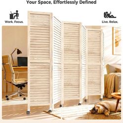 67" H 6 Panel Wood Room Divider Folding Privacy Screen, Lockable Wheels, Freestanding Wall Divider, Louvered Partition