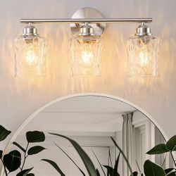 Brand New Modern Bathroom Vanity Light, 3-Light Brushed Nickel Vanity Lighting with Hammered Glass Shade, Corrosion-Resistant for Bathroom Vanity, Bed