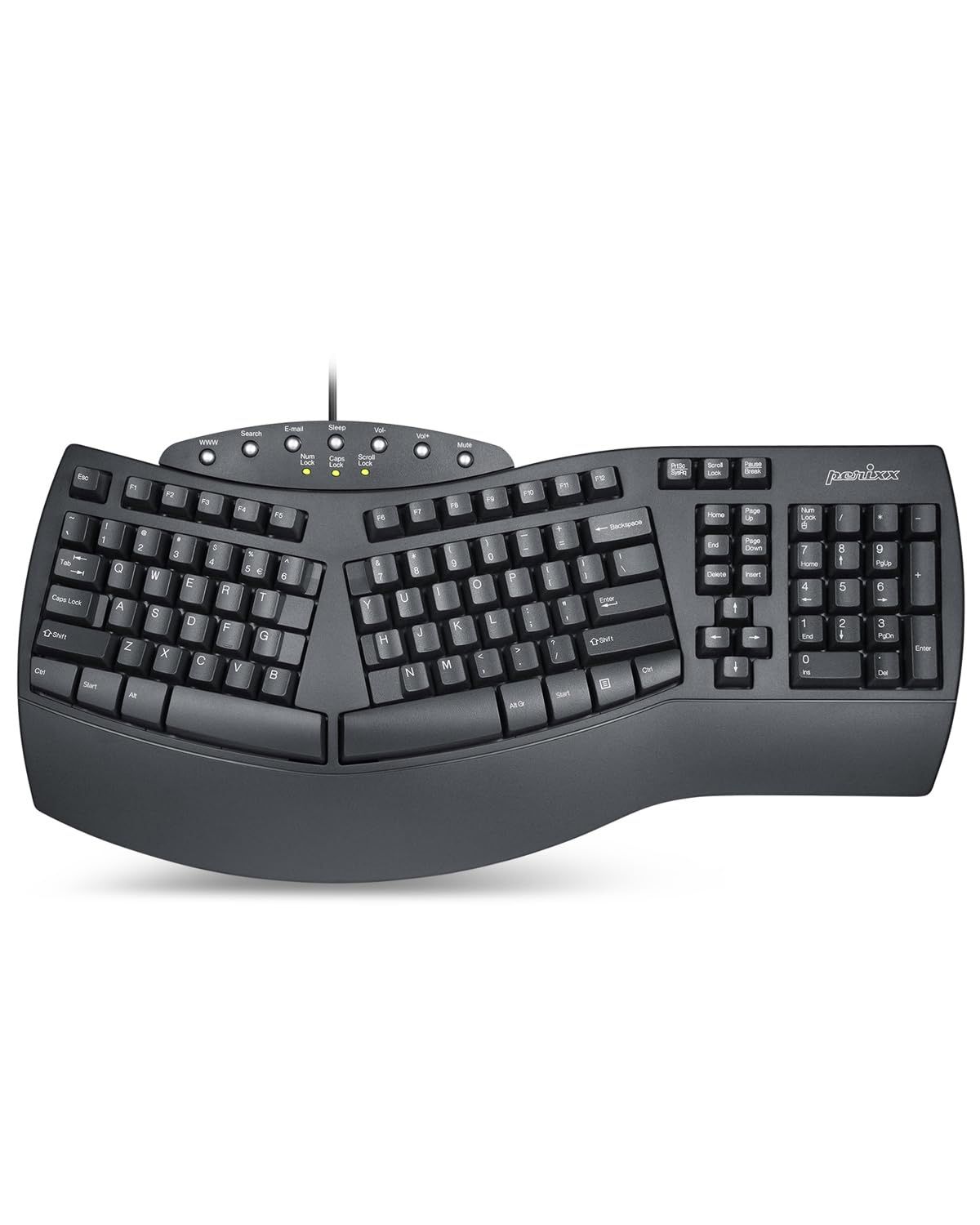 Perixx PERIBOARD-512B Wired Ergonomic Split USB Keyboard With 7 Multimedia Keys - Black - NDAA Compliant - US English