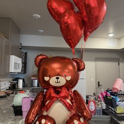 Bear with 5 Heart Shaped Balloons 