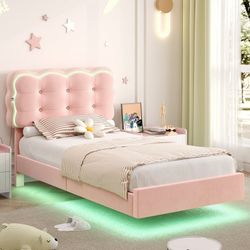 Twin Size Floating Bed Frame with Led & Charging station, Velvet upholstered bed frame with Ajustable Crystal Button Tufted Headboard, Pink