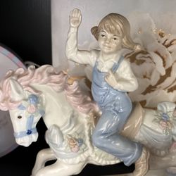 Vintage 1991 Paul Sebastian Girl On Rocking Horse Porcelain Figurine 7x7” Signed