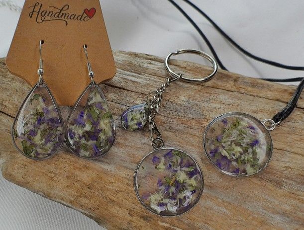 Dried Flower Necklace, Keychain, & Earring Set