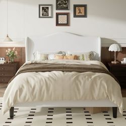 Queen Size Bed Frame with Velvet Upholstered Wingback Headboard, Personalized Platform Bed, No Box Spring Required, White