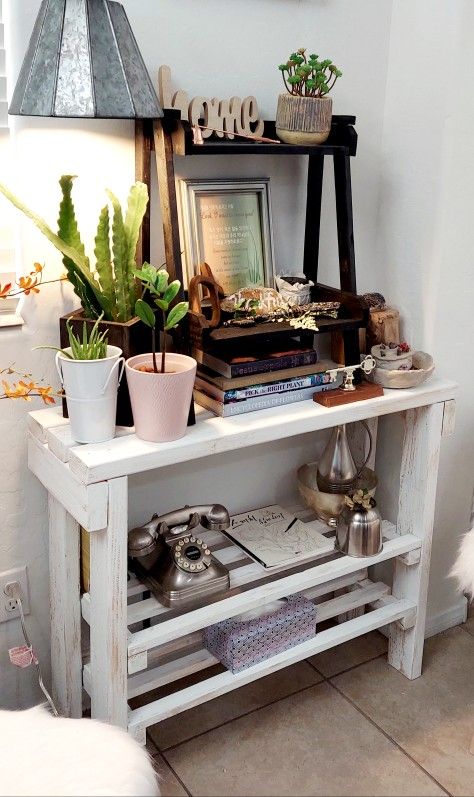 30"H X 36"W X 12"D (3 Planks) 🌱 Solid Wood Console Table/TV Table/Shoe Rack with 2 Shelves ::: Distressed White 