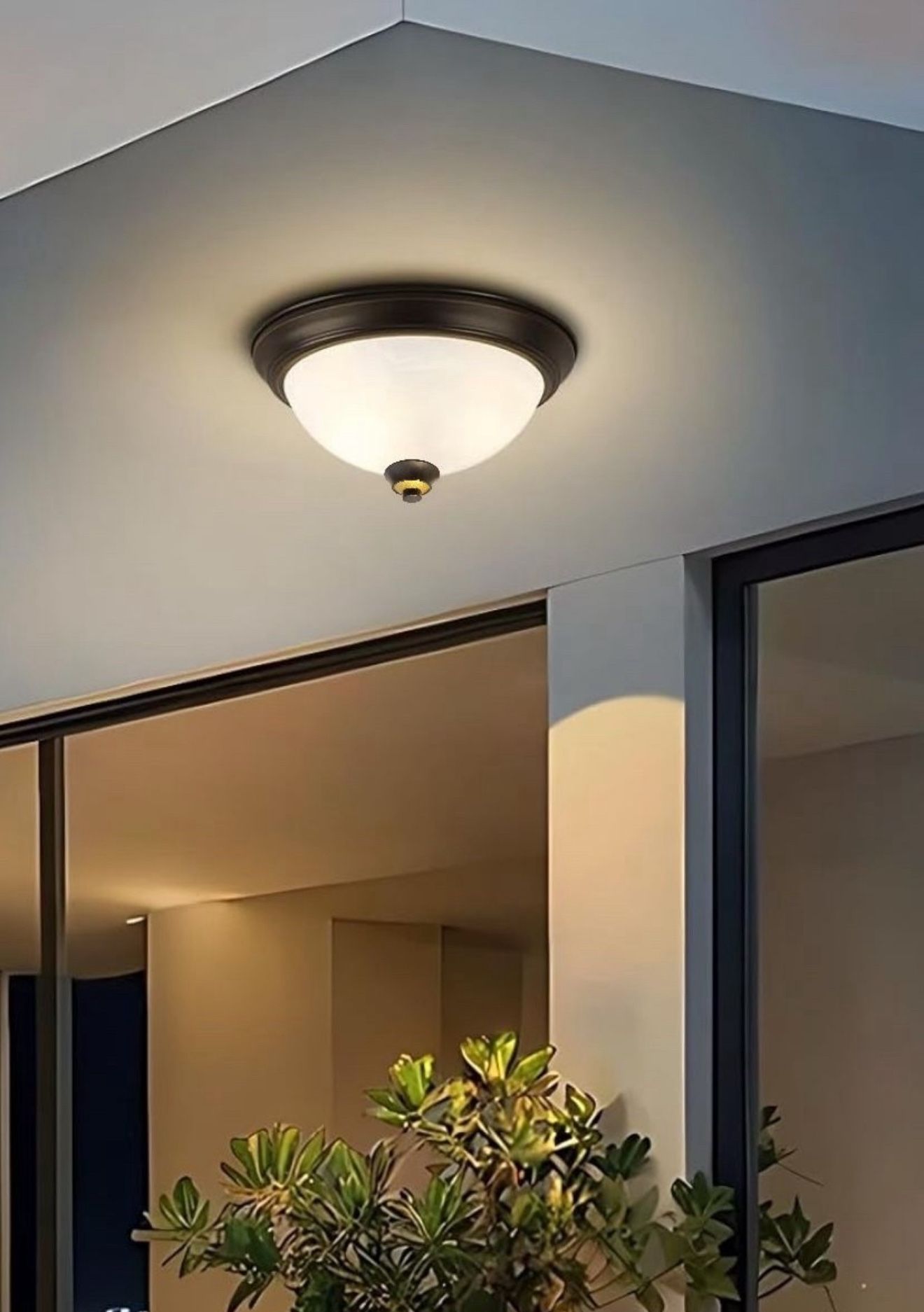 Outdoor Indoor Flush Mount Ceiling Light, 2-Light Close to Ceiling Bronze Light Fixture with white marble glass lampshade