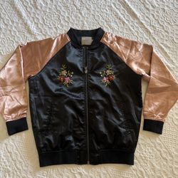 Cisos Black Pink Floral Graphic Embroidered Full Zip Bomber Jacket Size 6