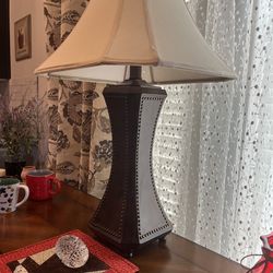 StyleCraft Archer style, Faux Wood, Nailhead Trim Table Lamp & Trim Fabric Shade