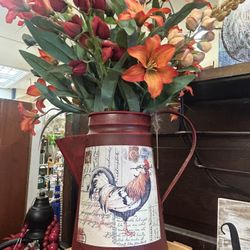 Fun Metal Rooster Pitcher w/ Decor 
