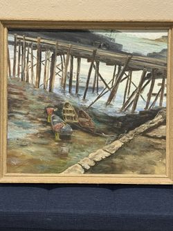FLORA E. SCHAIFER - c1940s Seascape Oil Painting w/ Pier "Cape Porpoise, Maine"