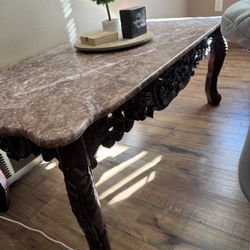 Chinese Hand Carved Rosewood Pink Marble Top Side Tables - a Pair